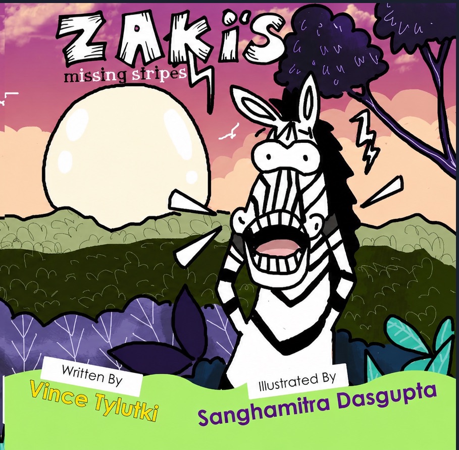 Book cover for Zaki's Missing Stripes, showing a startled zebra under a full moon on a hillside