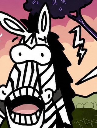 Zaki the zebra, wide-eyed and mid-shout, under a dark tree